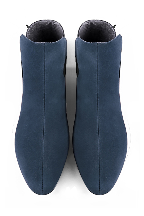 Denim blue and mouse grey women's ankle boots with buckles at the back. Round toe. Flat block heels. Top view - Florence KOOIJMAN
